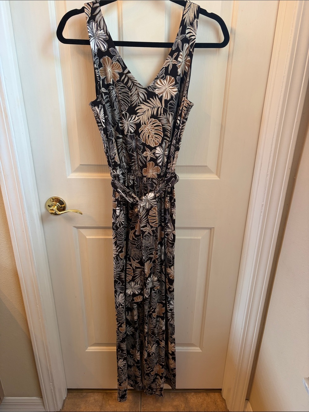 J. Jill Black Floral Print Wide Leg Jumpsuit with Smocked Back